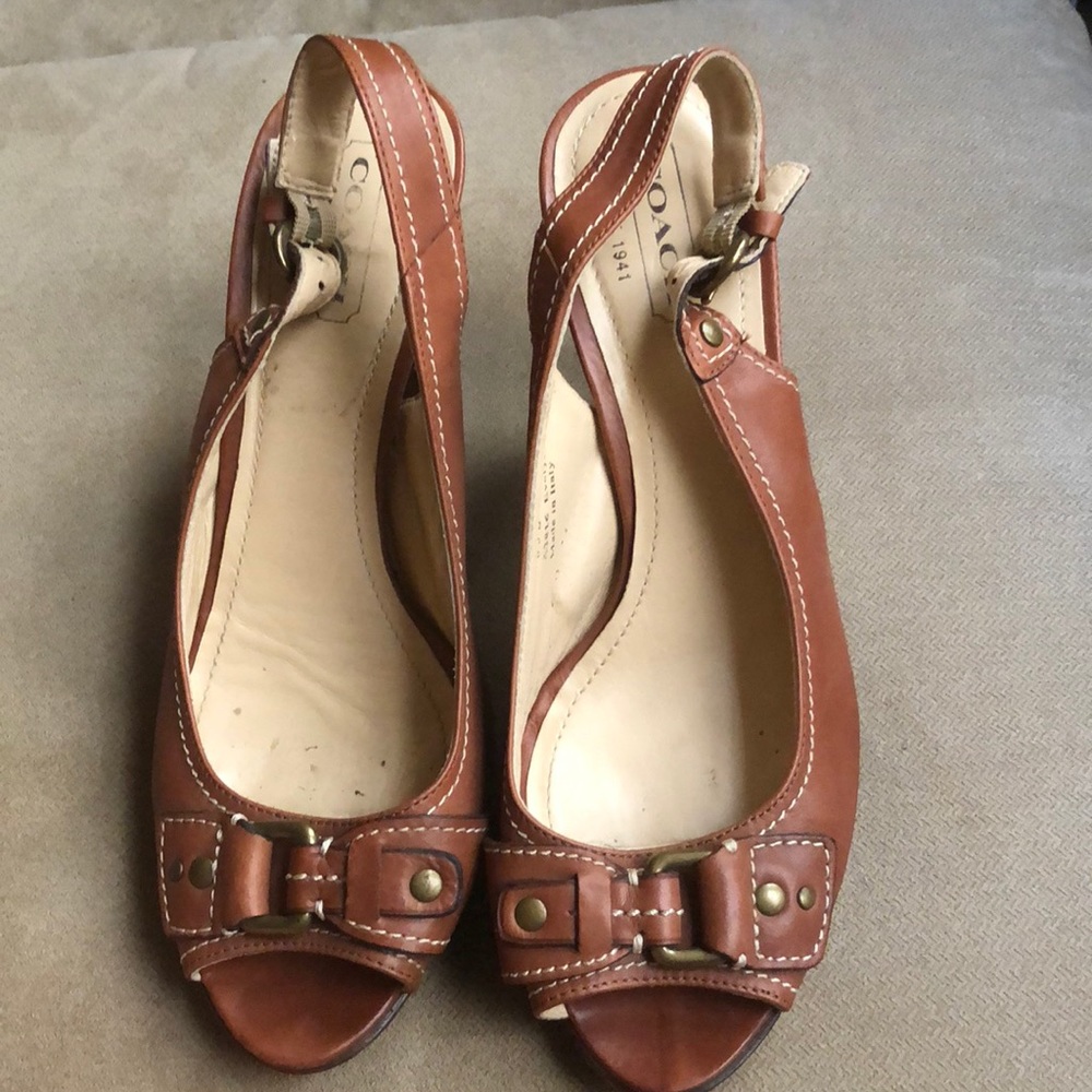 Brown Leather Coach slingback heels
